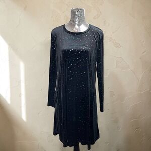 Black Velvet Sequin Tunic Swing Midi Dress Long Sleeve Crew Neck Party Large